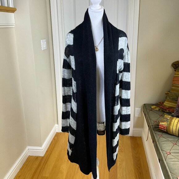 Tory Burch Sweater Cardigan Wool Alpaca Blend Stripe Long Black Gray (S) - Picture 1 of 7